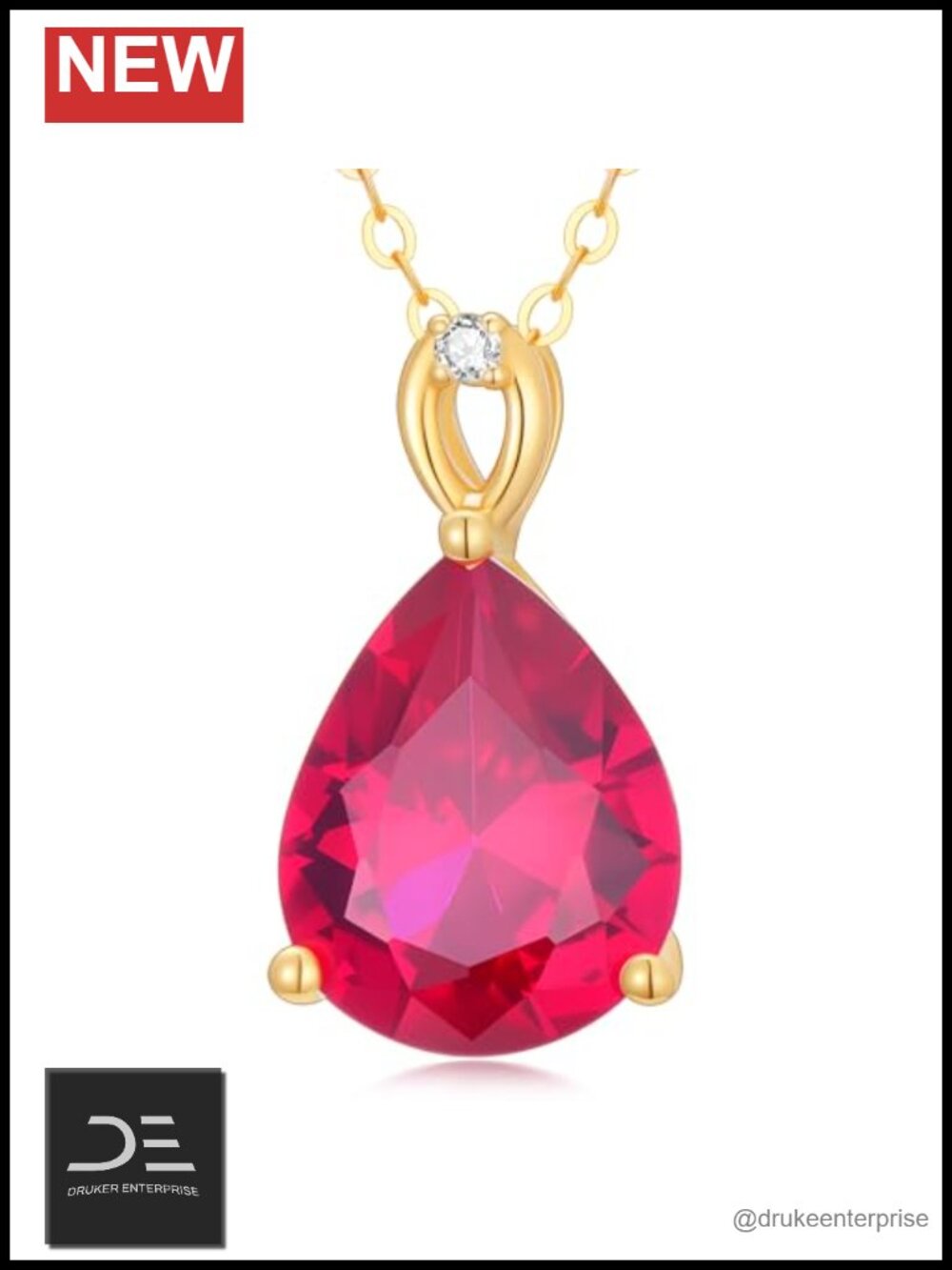 14K Solid Gold Ruby Pear Pendant Necklace